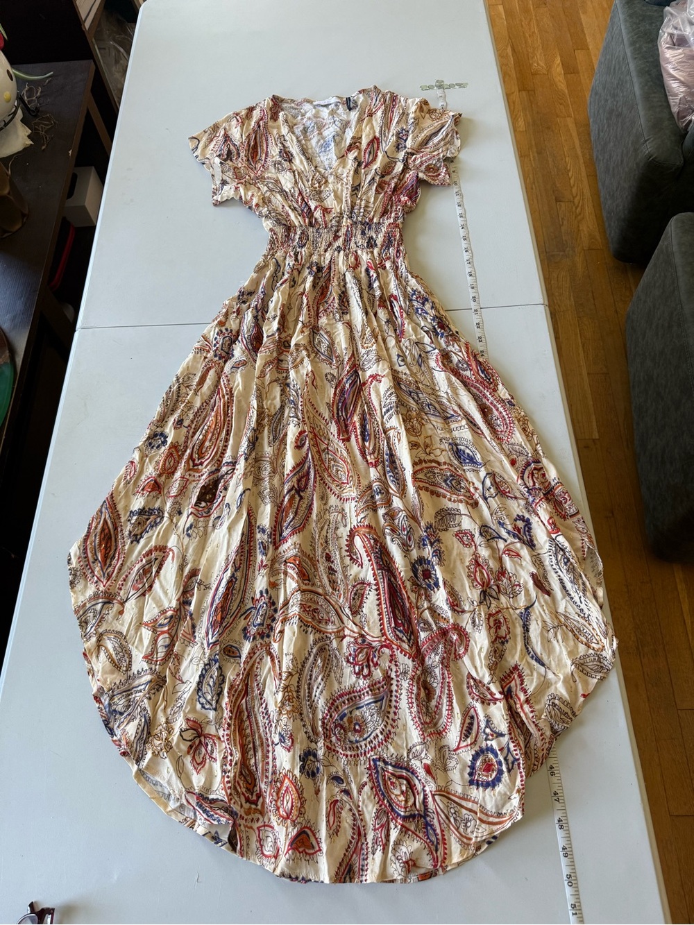 Paisley V-Neck Maxi Dress in Beige with Red and Blue Accents